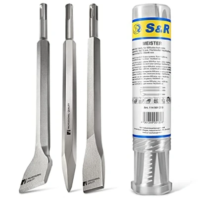 Abbildung von S&amp;R Bohrhammer Meißel Set SDS plus, 3 teilig, robust und hitzegehärtet Flachmeißel, Fliesenmeißel, Spitzmeißel für Beton, Mauerwerk, Ziegel Asphalt Werkzeug Stahl, universell Bauwerkstoffe
