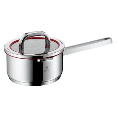 Abbildung von WMF Function 4 Stielkasserolle 16cm, Glasdeckel, Kochtopf klein 1,4l, Milchtopf Induktion, Cromargan Edelstahl poliert, Abgießfunktionen, Innenskalierung, rot