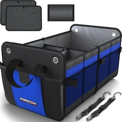 Abbildung von FORTEM Kofferraum Organizer, Kofferraumtasche, Zusammenklappbarer Auto Organizer mit Fächern, Rutschfester Boden, Verstellbare Sicherungsriemen, Klappbarer Deckel (Standard, Blau)