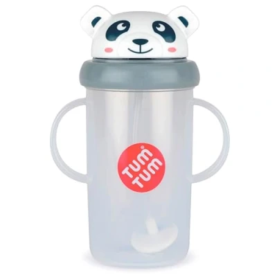 Abbildung von TUM Tasse mit gewichtetem Strohhalm, auslaufsicherer Trinkbecher, Lernbecher für Babys, Klappdeckel, Strohhalm aus Silikon (Pip der Panda, 300 ml)
