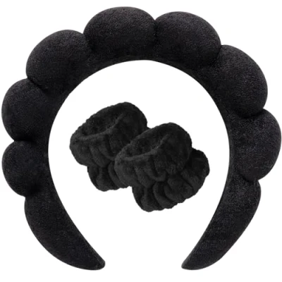 Abbildung von DRESHOW Spa Stirnband zum Waschen Gesicht Wristband Set Schwamm weiches Frottee Make up Hautpflege Anti Rutsch für Damen