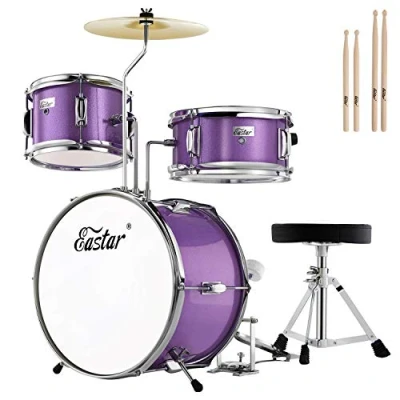 Abbildung von Eastar Schlagzeug Kinder für 3 10 Jahre, Set 14&quot; teilig mit Snare, Tom, Bass Drum Pedal, Thron, Becken und Drumsticks, Metallisch Lila