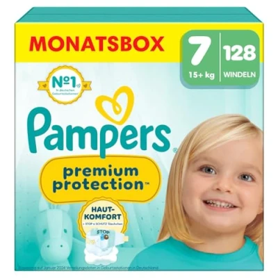 Abbildung von Pampers Baby Windeln Größe 7 (15+kg) Premium Protection, Extra Large, MONATSBOX, bester Komfort und Schutz für empfindliche Haut, 128 Stück