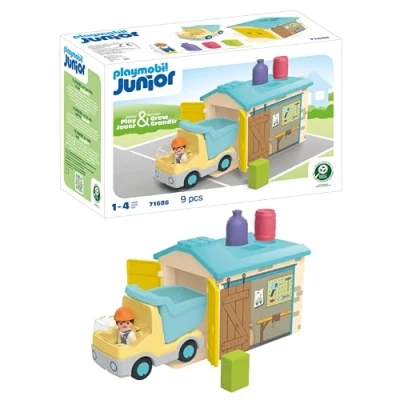 Abbildung von PLAYMOBIL JUNIOR nachhaltiges Spielzeug für Kinder ab 1 Jahr LKW mit Sortiergarage inklusive beweglicher Kippmulde 71686