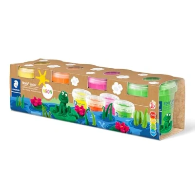 Abbildung von STAEDTLER Noris junior 813 Spielknete &quot;Neon Colours&quot;, besonders weich und sauber, klebt nicht, Set mit 4 Töpfchen à 130 g, 813F SLE