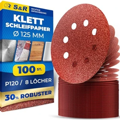 Abbildung von S&amp;R Klett Schleifpapier Set 125 mm, Meister, 8 Löcher, 100 St. in Körnung P120, Schleifblätter, Schleifscheiben für Exzenterschleifer, Klettschleifpapier, zuverlässige Haftung am Schleifteller