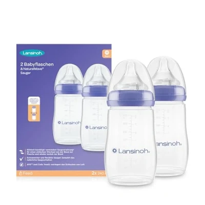 Abbildung von Lansinoh Babyflaschen mit NaturalWave Sauger Gr. M, 240 ml Doppelpack neues kompaktes Design für verbesserte Stabilität stapelbarem Deckel
