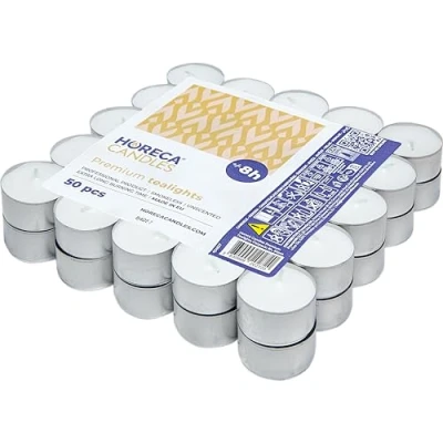 Abbildung von Horeca Candles Teelichter 8 Stunden Brenndauer Weiß 50 Stück Flatpack Aluhülle Kerzen zum Feiern, Deko, Hochzeit, Gastro, Party Unparfümiert Premium Qualitä