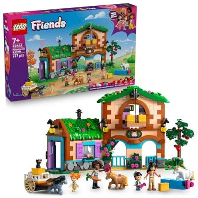 Abbildung von LEGO Friends Ponyhof &amp; Stall Spielzeug mit 4 Minifiguren, 3 Pferdefiguren, 1 Katzenfigur und Zubehör Spielset zum Bauen Kreatives Geburtstagsgeschenk für Mädchen ab 7 Jahren 42654