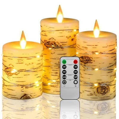 Abbildung von LED Kerzen, Birken Effekt, mit eingebetteter Lichterkette, 8cm x (10 cm, 12.5 15 cm), elfenbeinfarben, Echtwachs, Stumpenkerzen tanzender Flamme, 10 Tasten Fernbedienung (ohne Batterie)