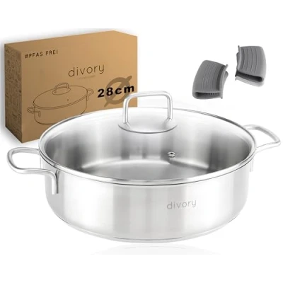 Abbildung von DIVORY Edelstahl Schmorpfanne 28cm PURA Induktion, Servierpfanne mit Deckel 4,6l unbeschichteter Kochtopf backofenfest, Schmortopf hoher Rand, Spülmaschinengeeignet