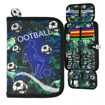 Abbildung von Theonoi Federmäppchen Federtasche Federmappe Mäppchen Etui 2 Fach Doppeldecker Schüleretui Stifteetui GEFÜLLT (Fußballl Fussball)