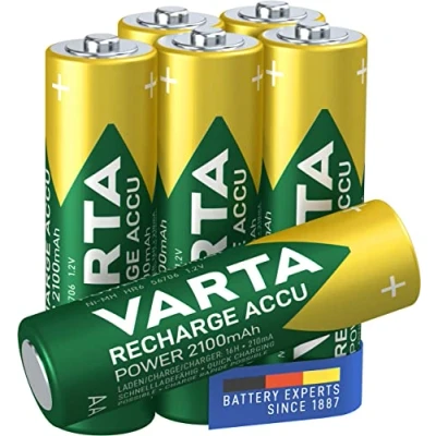 Abbildung von VARTA Batterien AA, wiederaufladbar, 6 Stück, Recharge Accu Power, Akku, 2100 mAh Ni Mh, ohne Memory Effekt, vorgeladen, sofort einsatzbereit