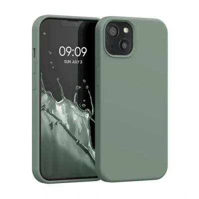 Abbildung von kwmobile Hülle kompatibel mit Apple iPhone 13 Silikon Handy Case Handyhülle weiche Oberfläche kabelloses Laden Rainwashed Grün