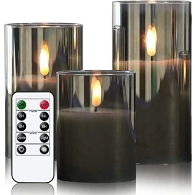 Abbildung von Eldnacele led Kerzen mit Timerfunktion, flammenlose Fernbedienung, elektrische Echtwachskerzen im Glas, flackernde Flamme 3 teilige Set, Art Zimmer Deko, Grau