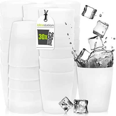 Abbildung von idea station NEO Plastikbecher 30 x 250 ml transparent bruchsichere Trinkbecher Kinder wiederverwendbare Becher aus Plastik perfekt für Party, Outdoor, Camping