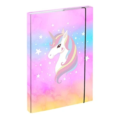 Abbildung von Heftbox für Schulranzen A4 Sammelmappe Kinder mit Gummiband und Innenklappen Heftmappe, Sammelbox Gummizug Mädchen (Rainbow Unicorn)