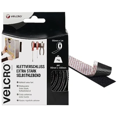Abbildung von VELCRO Marke Klettband Selbstklebend Zuschneidbares industrielles extra starkes doppelseitiges selbstklebendes mit Klettverschluss Schwarz 50 mm x 1 m