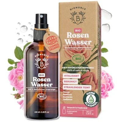 Abbildung von Bionoble Rosenwasser Bio 100ml Hydrolat aus Damaszener Rosen 100% Rein und Natürlich Gesicht, Augenpartie, Körper, Haare Rose Water Glasflasche + Spray