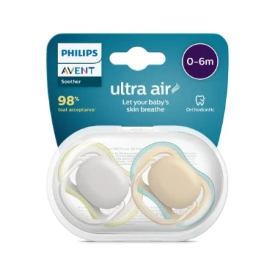 Abbildung von Philips Avent ultra air Schnuller 2er Pack, BPA freier, atmungsaktiver für Babys von 0 6 Monaten, inklusive Transport und Sterilisationsbox, grün/braun (Modell SCF085/15)