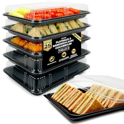 Abbildung von Packung mit 25 Sandwich Platten Deckeln Wiederverwendbare Plastik Buffetplatten für Catering, und Essensvorbereitung Serviertabletts Veranstaltungen 39 x 29 7,5 cm
