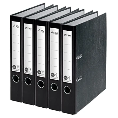 Abbildung von VON Leitz 5er Pack Ordner A4, 100 % Recycling Karton, Für 350 Blatt, 50 mm Rückenbreite, Klassisch marmoriert, Blauer Engel &amp; FSC zertifiziert, Schule, Studium Zuhause, Schwarz, 10541095