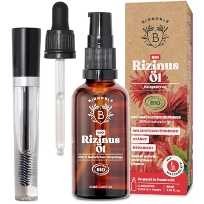 Abbildung von Bionoble Rizinusöl Bio 50ml 100% Rein, Natürlich, Kaltgepresst Wimpern, Augenbrauen, Haare, Nägel Vegan, Cruelty Free Castor Oil Glasflasche + Pipette Pumpe Mascara Kit