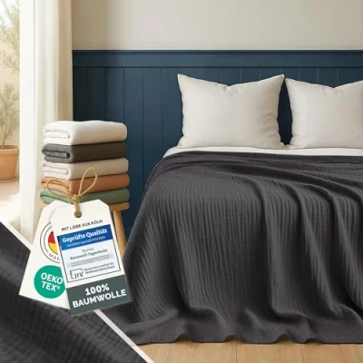Abbildung von Blumtal Tagesdecke Baumwolle 200x230 cm Musselin Decke Oeko TEX zert. Bettüberwurf Couch Überwurf leichte Kuscheldecke 100% Wohnzimmer Sofa Bedspread Anthrazit
