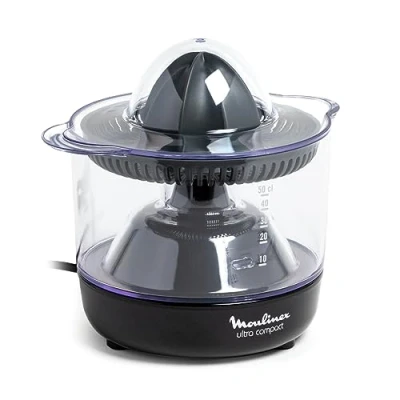 Abbildung von Moulinex PC1208 Elektrischer Entsafter Ultra Compact 450ml Volumen Orangenpresse &amp; Zitruspresse mit 2 Drehrichtungen Automatische Ein / Ausschaltung 25W schwarz