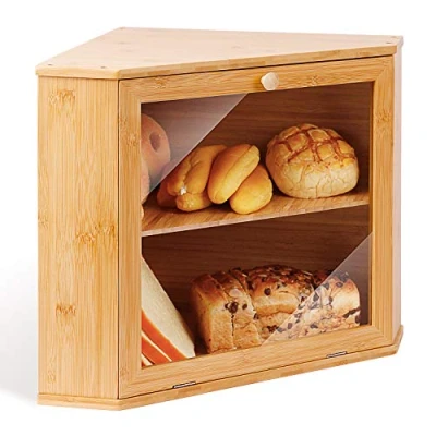 Abbildung von Leader Accessories Bambus Brotkasten 2 Etagen Brotbehälter für Ecke lebensmittelecht Brotaufbewahrung pflegeleicht 32x32x34cm