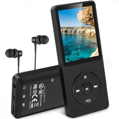 Abbildung von AGPTEK MP3 Player, 16GB verlustfrei mit 1,8 Zoll Bildschirm, 70 Stunden tragbare Musik Player Kopfhörer, FM Radio, Bilder, Aufnahmen, E Buch, Schwarz