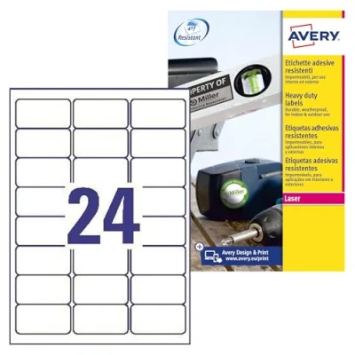 Abbildung von AVERY Zweckform L4773 100 Wetterfeste Folienetiketten (2400 Klebeetiketten, 63,5x33,9mm auf A4, extrem stark selbstklebend, wasserfest, strapazierfähig, bedruckbare Outdoor Klebefolie) Blatt, weiß