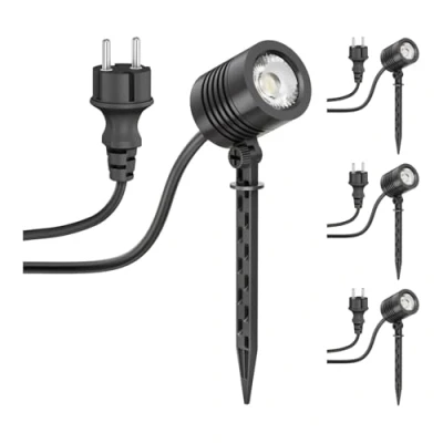 Abbildung von ledscom.de 4 Stück Kleiner LED Gartenstrahler mit Erdspieß TARL für außen, IP65, Stecker, schwarz, 4,3 W, 340lm, warmweiß