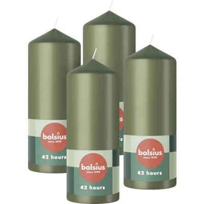 Abbildung von Bolsius Glatte Stumpenkerzen Grün 4 Stück 15 x 6 cm Dekorative Haushaltkerzen Länge Brenndauer 42 Stunden Unparfümierte Enthält Natürliches Pflanzenwachs Ohne Palmöl