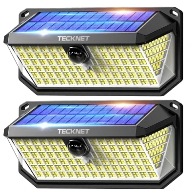 Abbildung von TECKNET Solarlampen für Außen mit Bewegungsmelder, 2 Stück 300 Superhelle LED Solar Wandleuchte, IP66 wasserdichte Garten, Wand, und Outdoor Beleuchtung