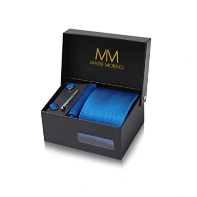 Abbildung von Massi Morino Krawatte Royalblau mit Einstecktuch Set Herren inkl. Manschettenknöpfe, Krawattennadel und Geschenkbox Männer Krawattenset