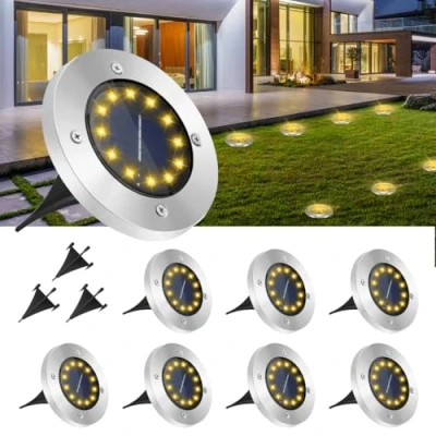 Abbildung von GREPRO Solar Bodenleuchten 8 Stück, 12 LEDS Solarlampen für Außen, IP65 Wasserdicht Warmweiß Led Gartenleuchten Rasen/Auffahrt/Gehweg/Patio/Garden Solarleuchte