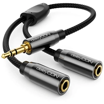 Abbildung von deleyCON 0,20m Audio Klinken Y Splitter Kabel AUX hochwertiger Nylon Mantel 3,5mm Stecker auf 2X Buchse Stereo Klinke Adapter