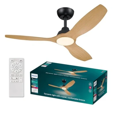 Abbildung von Philips Olas Deckenventilator, 3 Flügel, 132cm ⌀, 24 W LED Licht, Gleichstrommotor, Farbtemperaturbereich (3000K 4300K 6500K), dimmbarer, Fernbedienung inkl., schwarz Holz