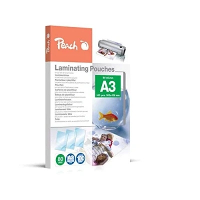 Abbildung von Peach Laminierfolien A3 80 mic 100 pouches glänzend Premiumqualität für beste Laminierergebnisse kompatibel mit Geräten aller Markenhersteller PP580 01