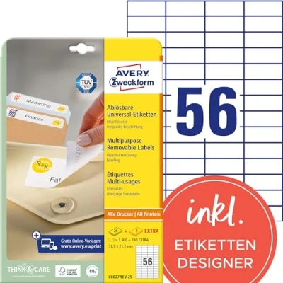 Abbildung von AVERY Zweckform L6027REV 25 Universal Etiketten (1.400 plus 280 Klebeetiketten extra, 52,5x21,2mm auf A4, wieder rückstandsfrei ablösbar/abziehbar, bedruckbar, selbstklebende Aufkleber) 30 Blatt, weiß