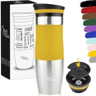 Abbildung von Milu Thermobecher 370ml 450ml Isolierbecher Kaffeebecher to go 100% Auslaufsicher Trinkbecher aus Edelstahl Autobecher doppelwand Isolierung Thermo Becher Travel Mug (Mango, 450ml)