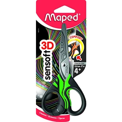 Abbildung von Maped Bastel Schere SENSOFT FLUO, 13 cm, ergonomische, asymetrische und weiche Griffe, abgerundete Spitze gelb, orange, grün, pink