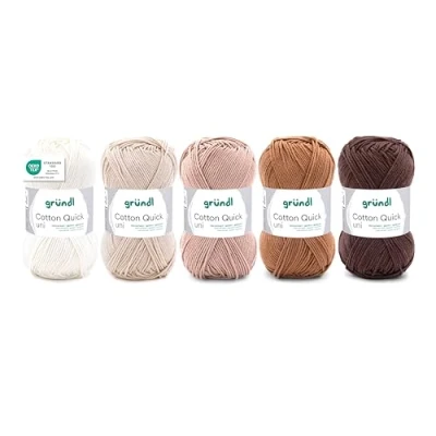 Abbildung von Gründl Wolle Cotton Quick uni Garn zum Stricken und Häkeln aus 100% Baumwolle, 5 Knäuel 50 g / 125 m, Häkelgarn/Baumwollgarn, Weiß Beige Braun Mix