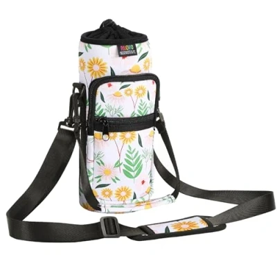 Abbildung von Nuovoware Flaschenhalter Trinkflasche Molle Beutel 750ml, Isolierte Neopren Kessel mit Schultergurt und Front Reißverschluss Tasche für Wandern Laufen Radfahren Jagd Reisen, Gelbes Gänseblümchen