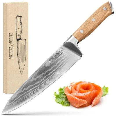 Abbildung von Moritz &amp; Damastmesser 20 cm Profi Kochmesser aus 67 Lagen Damaststahl Scharfes Küchenmesser Japanisches Chefmesser Ergonomischer Griff Akazienholz Damaskus Messer Stahl