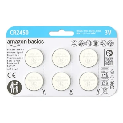 Abbildung von Amazon Basics CR2450 Lithium Knopfzellenbatterie, Langlebige Leistung, frei von Quecksilber, 3 V, kindersichere Verpackung (zum Öffnen Schere verwenden), 6er Pack