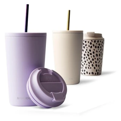 Abbildung von MAMEIDO Thermobecher mit Strohhalm 470ml &amp; 700ml Trinkbecher Deckel und aus Edelstahl doppelwandig isoliert, auslaufsicher Coffee to go Becher (Lavender Haze, 0,47l)