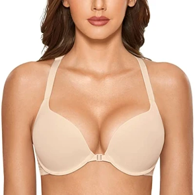 Abbildung von DOBREVA Damen Vorderverschluss Push Up BH mit Bügel Soft T Shirt Tiefen Ausschnitt BHS Neckholder Gepolsterter Beige 85B