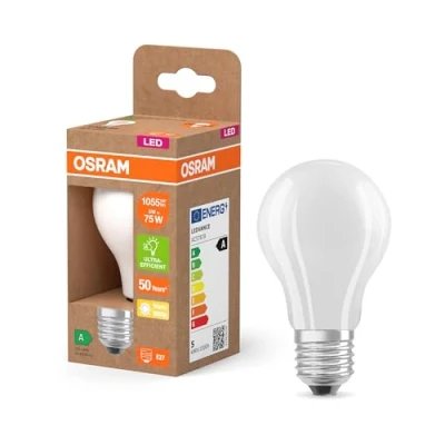 Abbildung von Osram LED Superstar Classic Lampe A 75 in klassischer Kolbenform aus gefrostetem Glas, 5 W, 1055 lm, E27 Fassung, 2700 K für warmweißes Licht, EEK A, 60 mm Durchmesser, White
